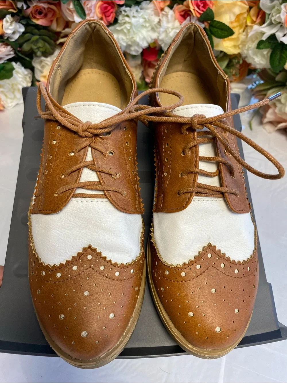 Ollio Oxford M2913 Wingtip Two-Tone Lace-Up Brown White Size 7.5